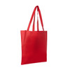 A red non-woven long handle bag with a V gusset and two sturdy handles. It features a logo.