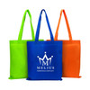 Three non-woven long handle bags in green, blue, orange, featuring a logo on the blue bag.