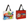 Two laminated non-woven trade show bags in colourful designs, one featuring abstract art and the other with food imagery.