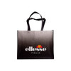 A laminated non-woven trade show bag in black with a gradient design and a logo on the front.