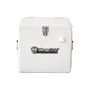 A white metal cooler box with a locking mechanism and a side handle. It features a logo on the front.