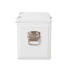 A white metal cooler box with a stainless steel latch and handle, featuring a minimalist design.