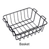 A black wire basket with a rectangular shape and two handles on the sides.
