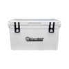 A white 45L cooler box with black clips and a logo on the front.