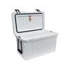 A white cooler box with a hinged lid and handles, featuring a robust design and interior storage space.