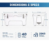 A white 65L cooler box with dimensions and specifications outlined, featuring branding and illustrations for usability.