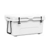 A white 65L cooler box with black handles and a secure lid, featuring a logo on one side.