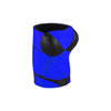 A drink bottle holder in blue with black accents, featuring a decorative design and stitching.