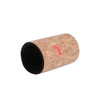 A cork stubby holder with a black base, featuring a small logo in red. The holder has a textured cork exterior.