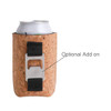 A cork stubby holder in natural colour, featuring a silver bottle opener and black strap, holding a can.