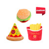 Three brightly coloured squeaky pet toys shaped like a hamburger, pizza slice, and fries in a red container.