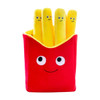 A red container with a smiling face holds several yellow squeaky French fry toys.