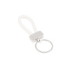 A silver metal keyring tag with a braided white loop. It includes a circular keyring attachment.