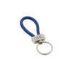 A blue braided keyring tag with a silver metal feature and a logo on the front.