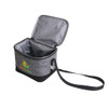 A grey felt cooler bag with a silver interior and a black strap. It features a logo on the front.