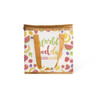 A colourful polyester cooler bag featuring fruit illustrations and gold handles, with a logo on the front.