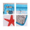 A polyester cooler bag in blue with a starfish design, featuring a zip closure and metallic lining.