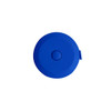 A blue, round tape measure with a button and a loop for attachment. It features a logo on the surface.