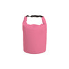 A pink waterproof dry bag with a strap at the top and a logo displayed.
