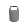 A waterproof dry bag in grey with a secure buckle handle, ideal for keeping items dry. Features a logo.