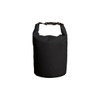A waterproof dry bag in black with a secure buckle closure and a round base. It has a logo prominently featured.