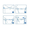 Four instructional images demonstrating the steps to seal a blue waterproof dry bag.