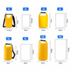 Yellow waterproof dry bags in various sizes, featuring straps and a logo, displayed alongside their dimensions.