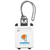 A white ABS luggage tag featuring a black clip and a logo, designed for identification purposes.
