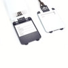A pair of ABS luggage tags in black and white with a clear window for personal information. Each has a strap for attachment.