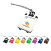 A white ABS luggage tag with a clear name slot and a branding logo, available in various colours.