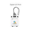 A white ABS luggage tag with a clip, featuring a logo and a space for a name.