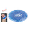A blue gel cold/hot pack with a circular shape and a textured surface, featuring a logo.