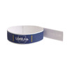 A blue disposable Tyvek wristband with a logo and a tab for securing. Ideal for events and exhibitions.