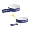 Blue disposable Tyvek wristband featuring a tab for easy adjustment and a logo.