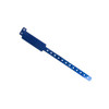 A blue holographic PVC wristband with a textured pattern and a logo. It features multiple holes for adjustment.