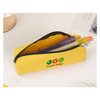 A yellow pencil case featuring a zip closure and a logo, filled with various pens and markers.
