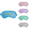 A gel cold/hot eye mask in turquoise, lavender, green, and clear, featuring a logo on the turquoise version.