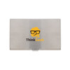 A stainless steel business card holder with a logo featuring glasses and a smiling character.