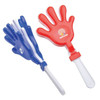 A red and blue hand clapper product with a white handle, featuring a logo on the red side.