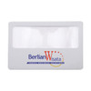 A clear PVC magnifier card with a white frame and a logo in blue and red. Suitable for office use.