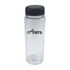 A drink bottle with a clear body and a black lid, featuring a logo. Suitable for infusing beverages.