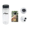 A drink bottle with a clear body and black lid, featuring a logo and an infuser for fruit or herbs.