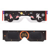 Custom solar eclipse glasses featuring a black design with colourful space graphics, including planets and rockets.