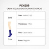 Crew Regular Digital Printed Socks in blue, suitable for adults sized 7-12, featuring a thin and regular design.