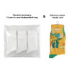 A biodegradable bag containing 12 pairs of brightly coloured socks with a floral design and a custom header card option.