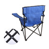 A blue foldable camping chair with a black frame, featuring a close-up of the cross-braced leg design.