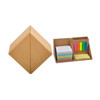 A cube-shaped memo set in brown cardboard, featuring various sticky notes and tabs in vibrant colours.
