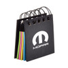 A 4-layer recycled sticky notepad with a black cover and colourful sticky notes, featuring a logo on the front.