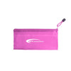 A pink zippered pouch with a mesh design and a drawstring closure, featuring a logo.