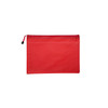 A red A5 zippered pouch bag with a textured surface and a drawstring closure, featuring a logo.